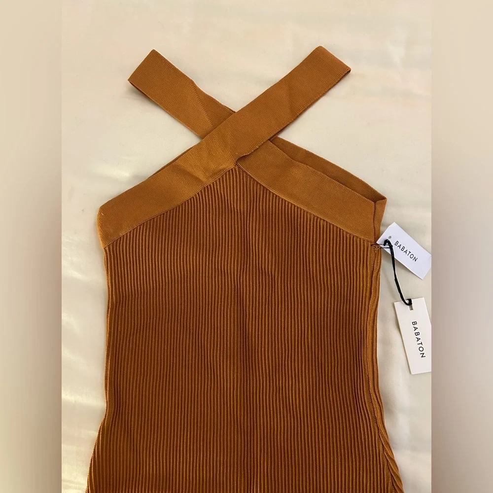 NWT Aritzia Babaton Ribbed Sculpt Knit Mini Dress Dark Mustard Sz S $110 - Picture 4 of 6